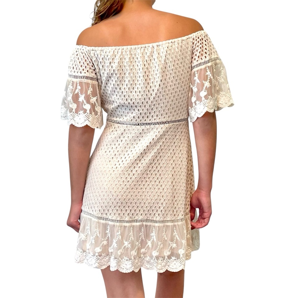 Listicle Size Small Off-The-Shoulder Open Weave Dress Lace Bell Sleeve Cream - Picture 2 of 14